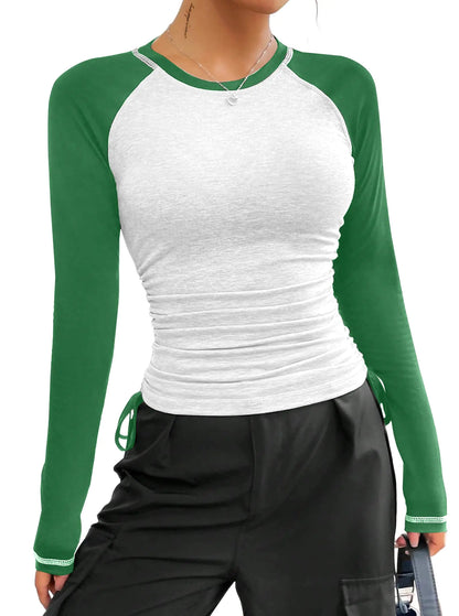 Avanova Women Raglan Long Sleeve Ruched Tee Shirt Color Block Crewneck Top Green White X-Large