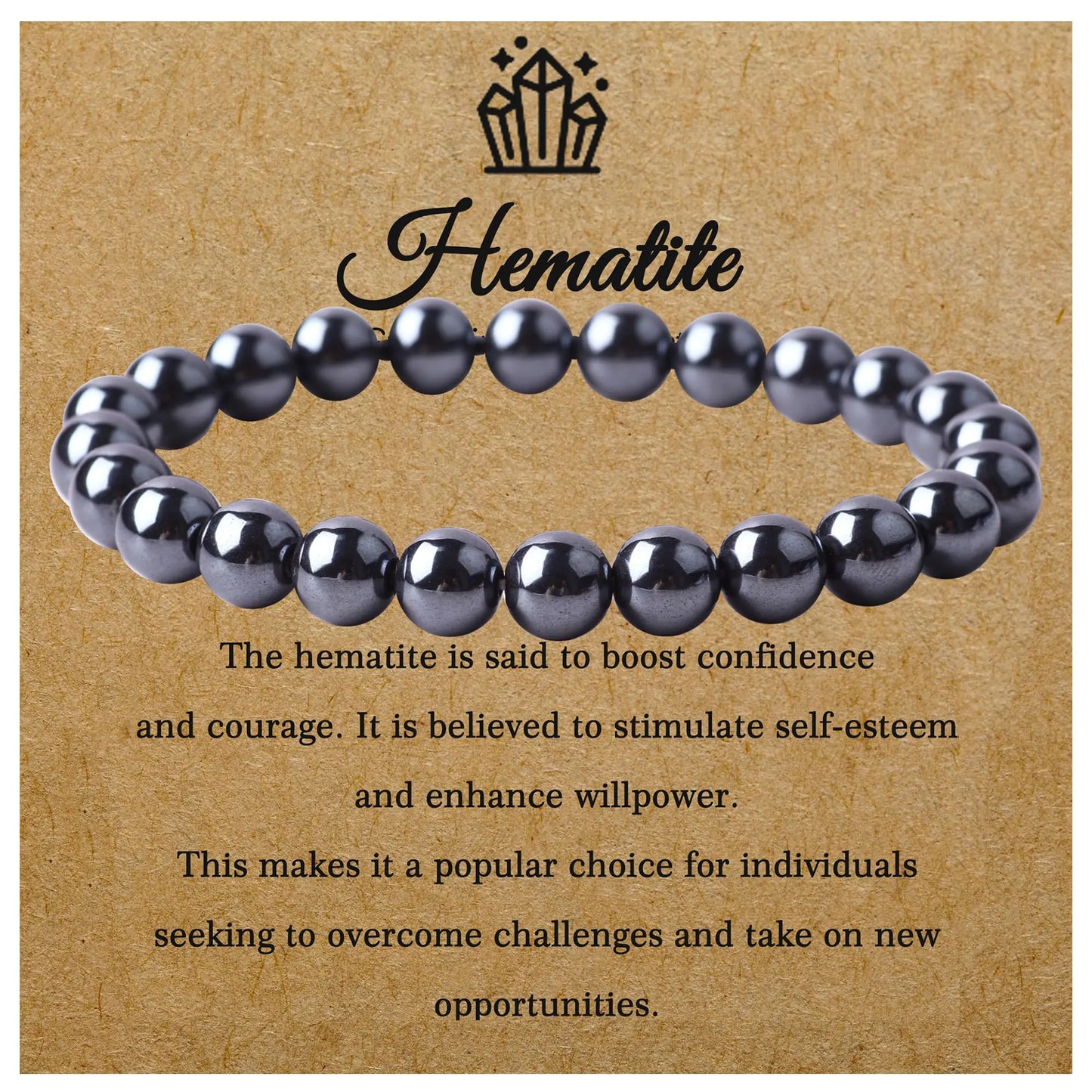FORBY 8mm Natural Black Hematite Crystal Bracelet Handmade Round Beads Stone Semi Precious Healing Gemstones Beaded Stretch Bracelets for Women Men Anxiety Energy Gift 7.5" Unisex