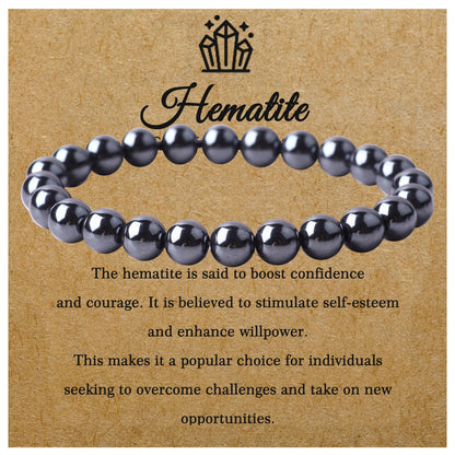 FORBY 8mm Natural Black Hematite Crystal Bracelet Handmade Round Beads Stone Semi Precious Healing Gemstones Beaded Stretch Bracelets for Women Men Anxiety Energy Gift 7.5" Unisex