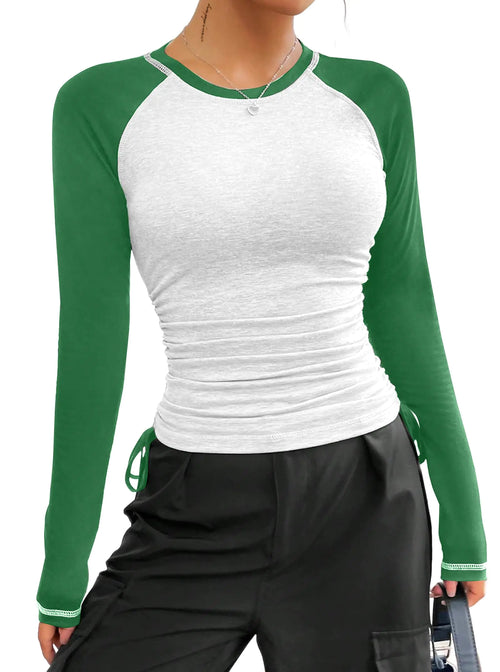 Avanova Women Raglan Long Sleeve Ruched Tee Shirt Color Block Crewneck Top Green White X-Large