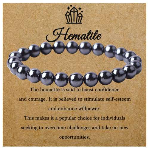 FORBY 8mm Natural Black Hematite Crystal Bracelet Handmade Round Beads Stone Semi Precious Healing Gemstones Beaded Stretch Bracelets for Women Men Anxiety Energy Gift 7.5" Unisex