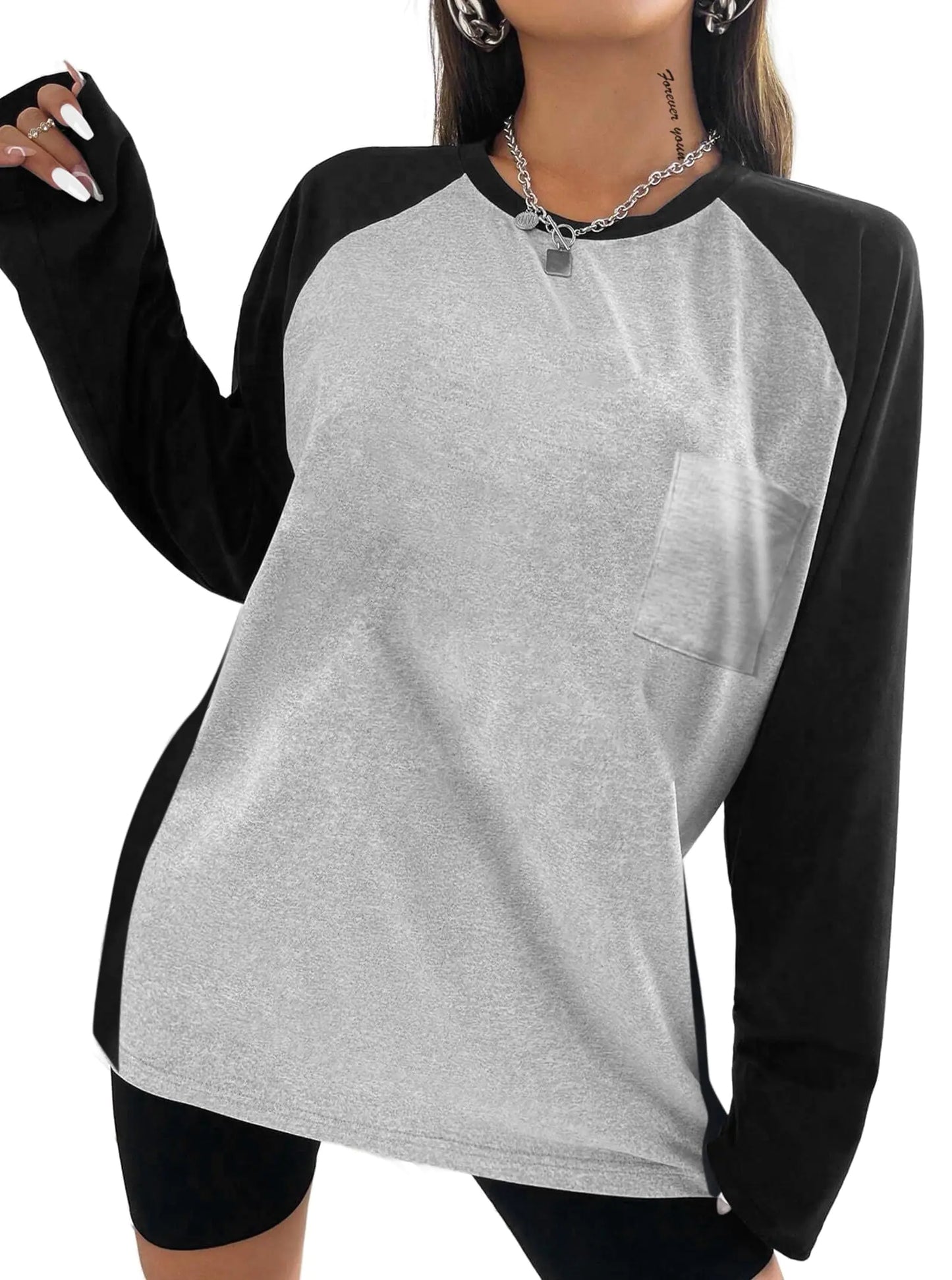 Remidoo Raglan Women's Color Block Long Sleeve T-Shirt Large Size Gray X-Large