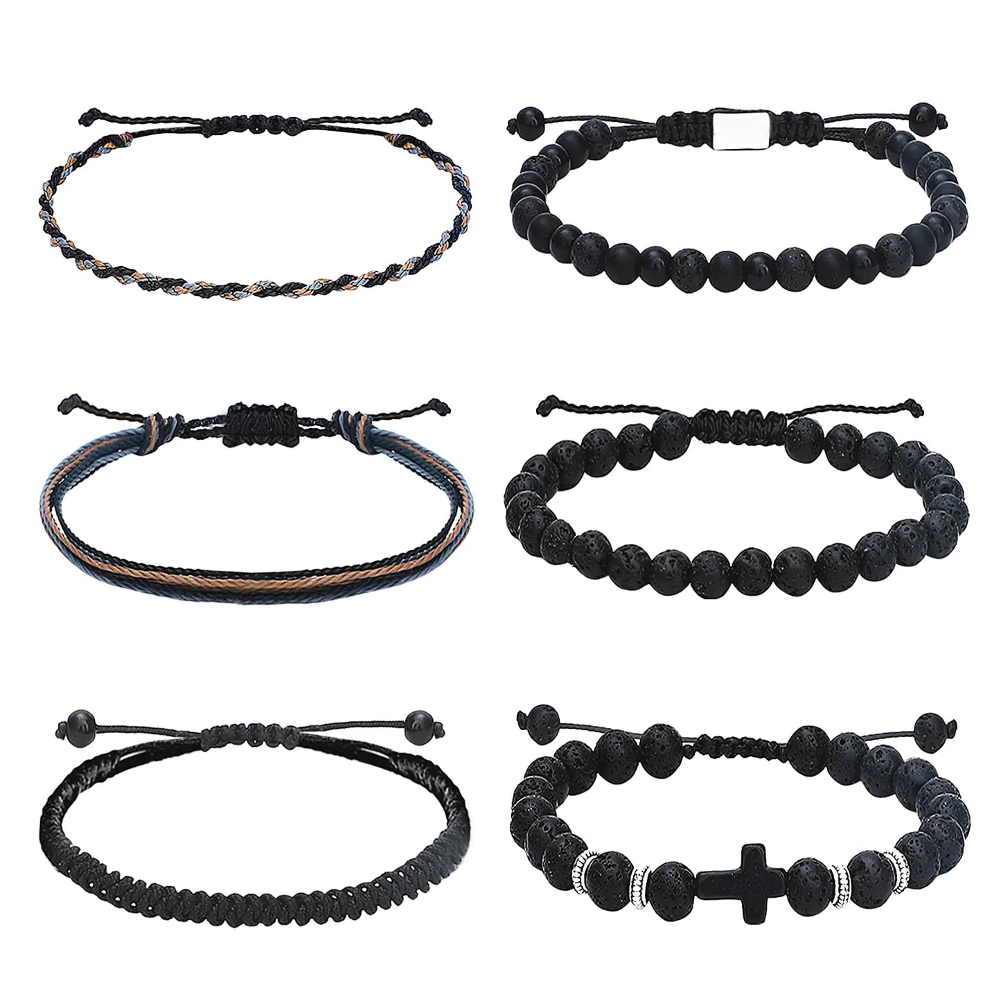 NEWITIN 6 Pieces Braided Beaded Bracelets for Men Woven Obsidian Wealth Bracelet Matte Black Onyx Bracelet Adjustable Rope Bracelets Handmade Healing Bracelet Set for Women Men