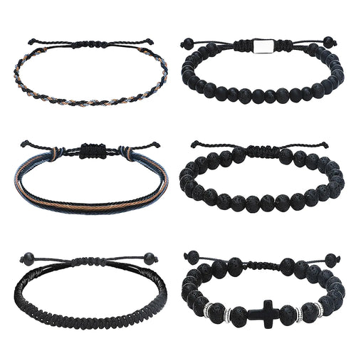 NEWITIN 6 Pieces Braided Beaded Bracelets for Men Woven Obsidian Wealth Bracelet Matte Black Onyx Bracelet Adjustable Rope Bracelets Handmade Healing Bracelet Set for Women Men